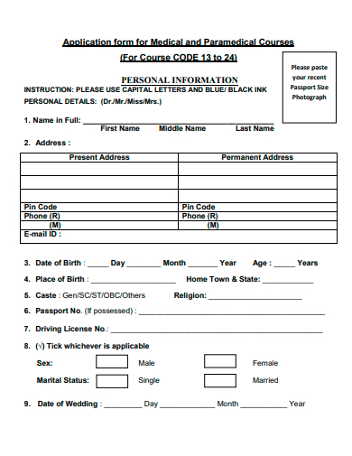 medical and paramedical course application form template