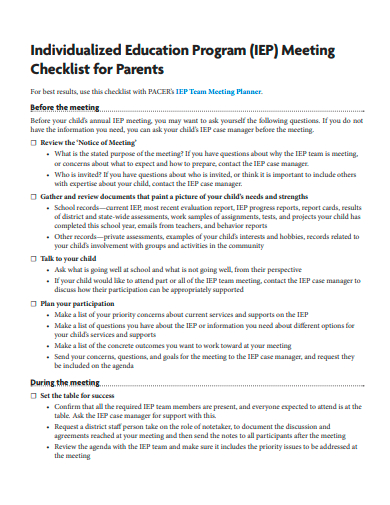 meeting checklist for parents template