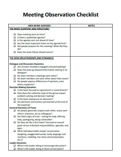 meeting observation checklist template
