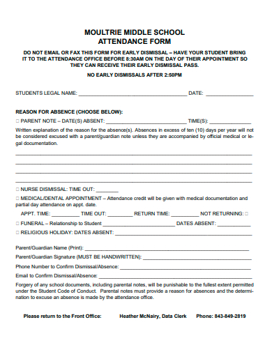 middle school attendance form template