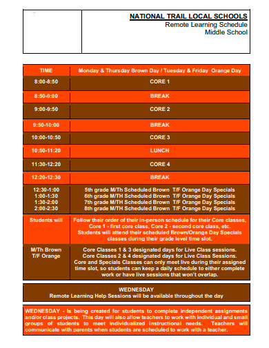 middle school remote learning schedule template