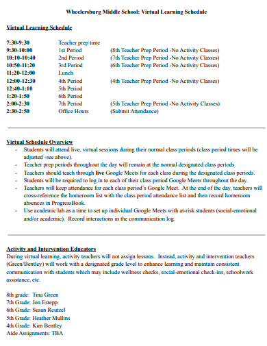 middle school virtual learning schedule template