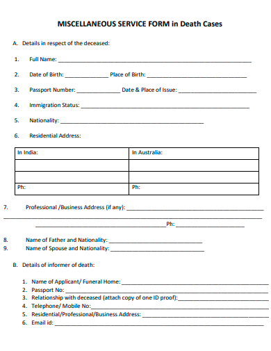 miscellaneous service form in death cases template
