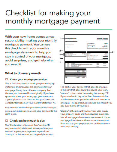 monthly mortgage payment checklist template