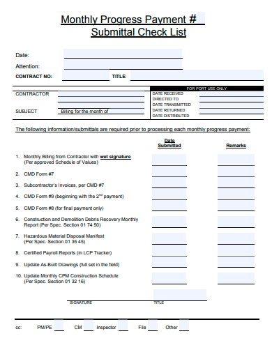 monthly progress payment submittal checklist template