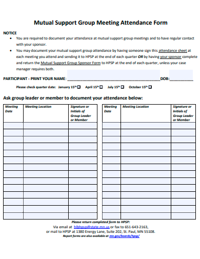 mutual support group meeting attendance form template