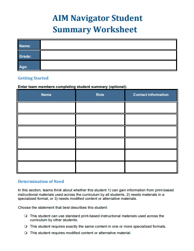navigator student summary worksheet template