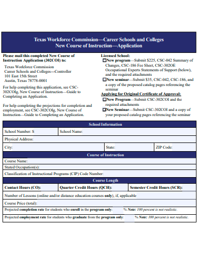 new course of instruction application template