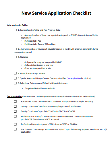 new service application checklist template