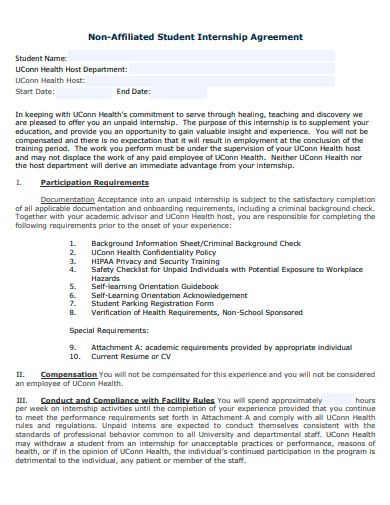non affiliated student internship agreement template