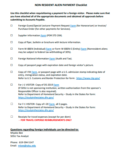 non resident payment checklist template