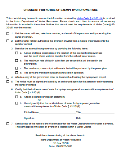 notice of exempt hydropower use checklist template
