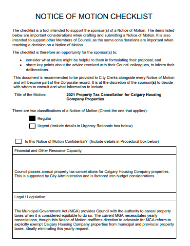 notice of motion checklist template