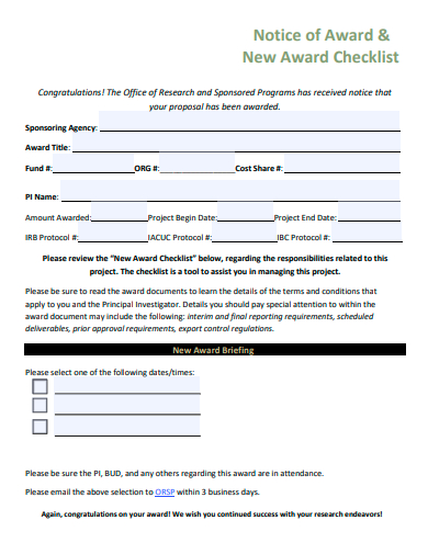 notice of new award checklist template