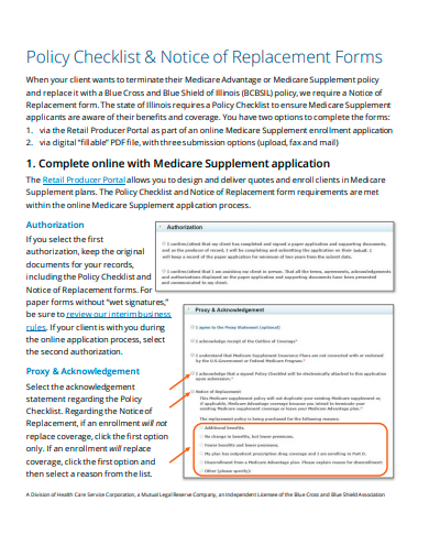 notice of replacement forms policy checklist template