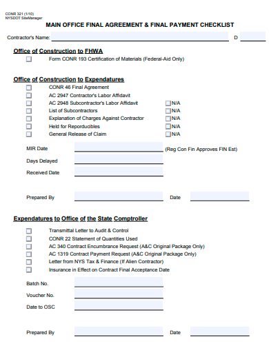 office final agreement and payment checklist template