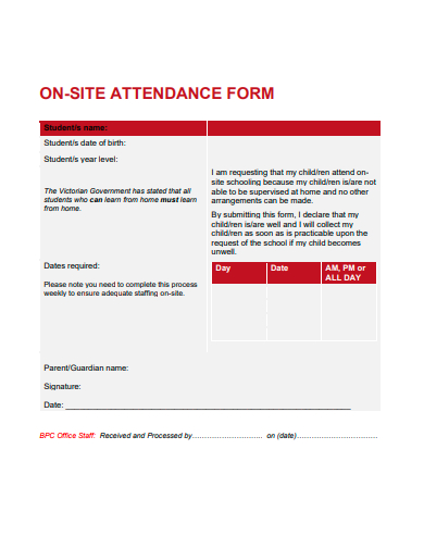 on site attendance form template