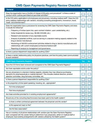 open payments registry review checklist template