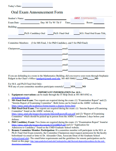oral exam announcement form template