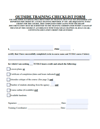 outside training checklist form template
