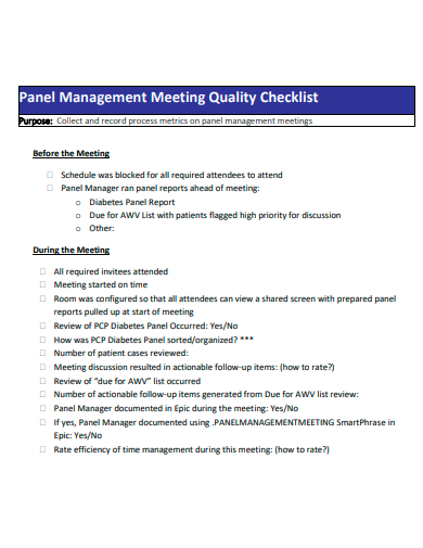 panel management meeting quality checklist template