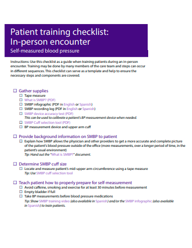 patient training checklist template