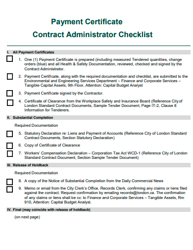 payment certificate contract administrator checklist template