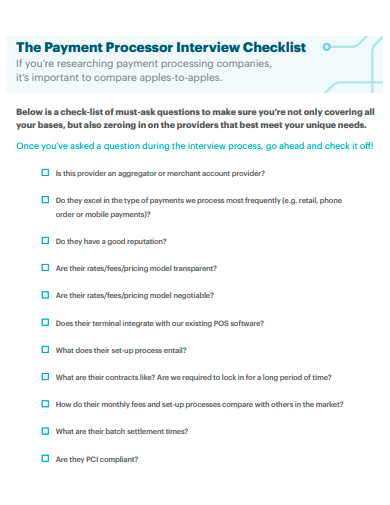 payment processor interview checklist template