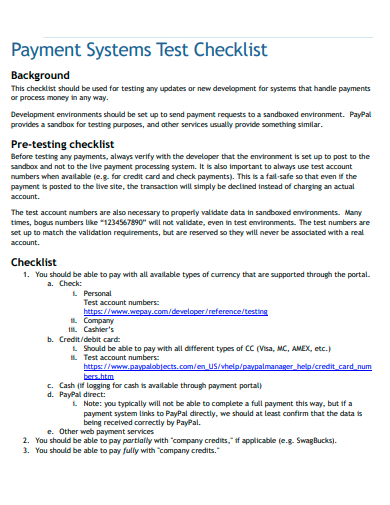payment systems test checklist template