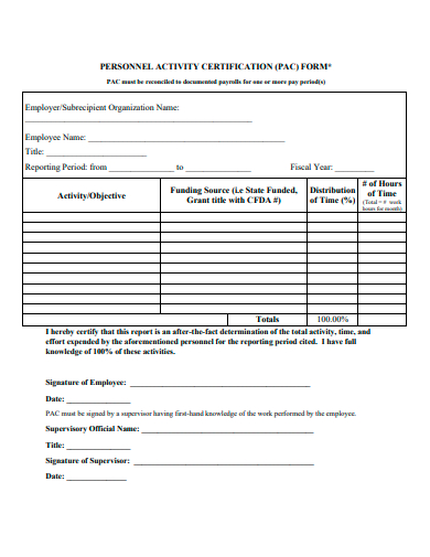personnel activity certificate form template