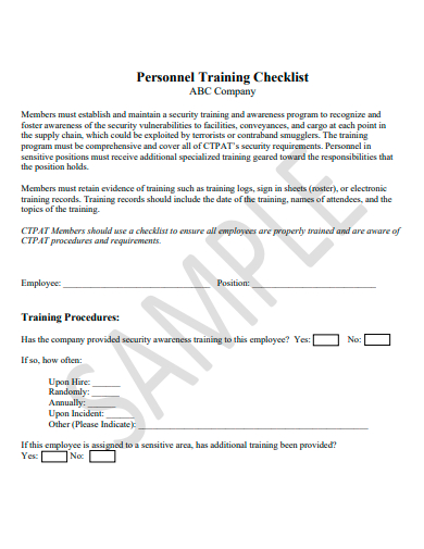 personnel training checklist template