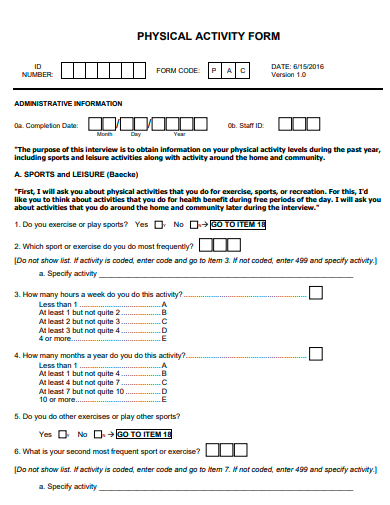 physical activity form template