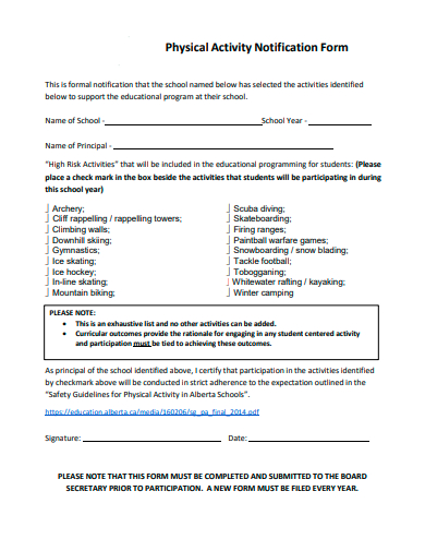 physical activity notification form template