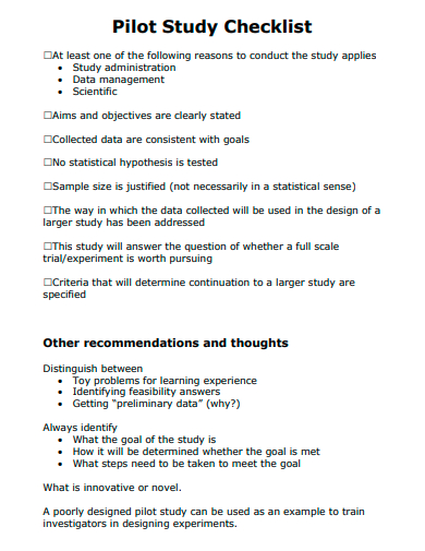 pilot study checklist template