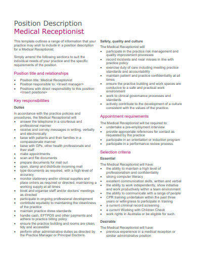 position description medical receptionist template