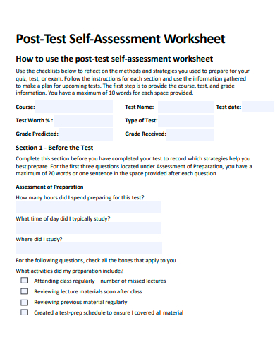 post test self assessment worksheet template