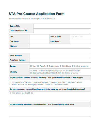 pre course application form template