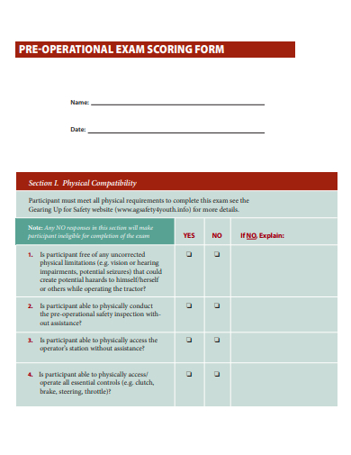 pre operational exam scoring form template