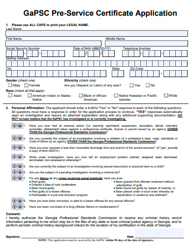 pre service certificate application template