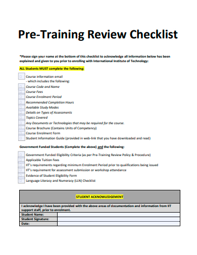 pre training review checklist template