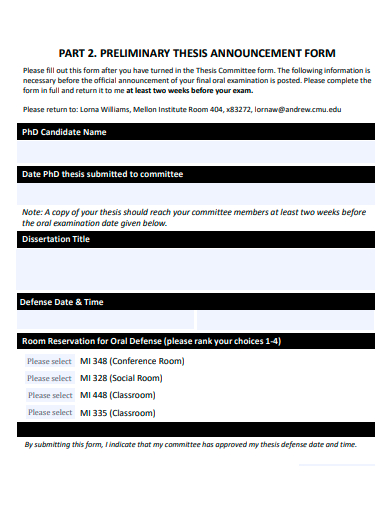 preliminary thesis announcement form template