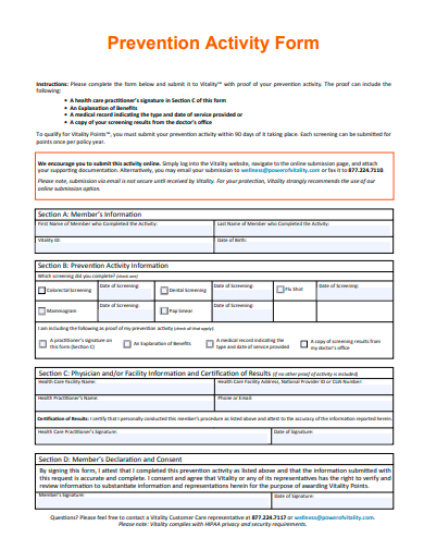 prevention activity form template