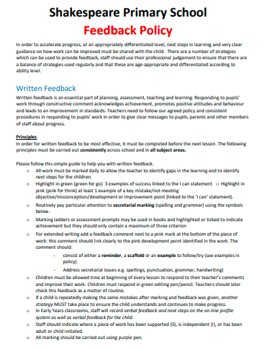 primary school feedback policy template