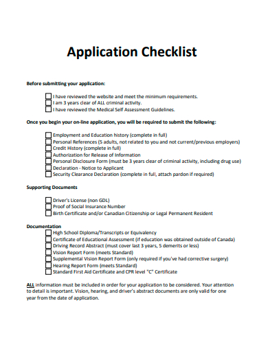 printable application checklist template