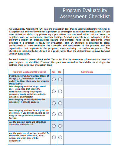 program evaluability assessment checklist template