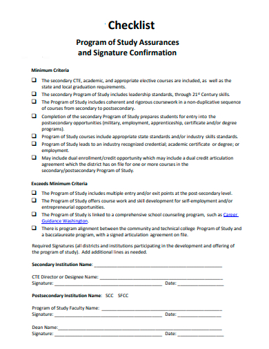 program of study and signature confirmation checklist template