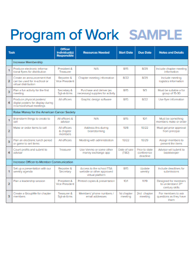 program of work sample