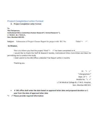 project completion letter format