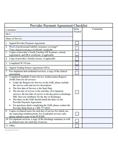 provider payment agreement checklist template