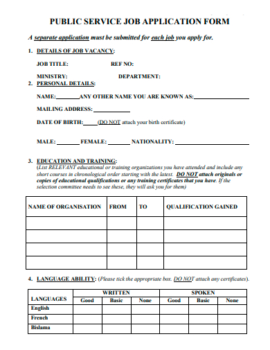 public service job application form template